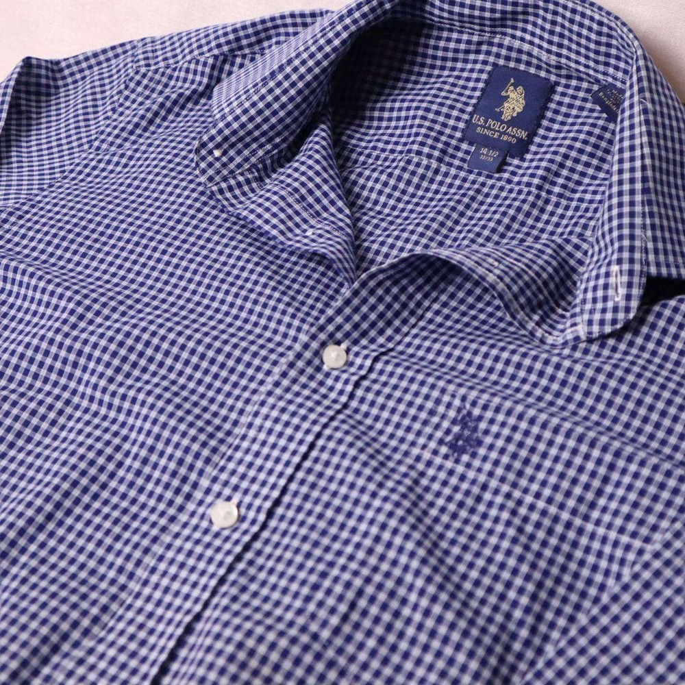 US Polo Assn Mens Blue White Gingham Check Button Down Shirt 14.5 32/33 Small